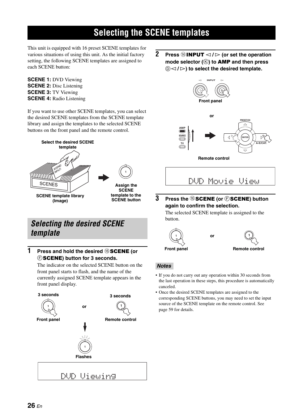 Basic operation, Selecting the scene templates, Selecting the desired scene template | P. 26, Dvd movie view, Dvd viewing | Yamaha RX-V461 User Manual | Page 30 / 93