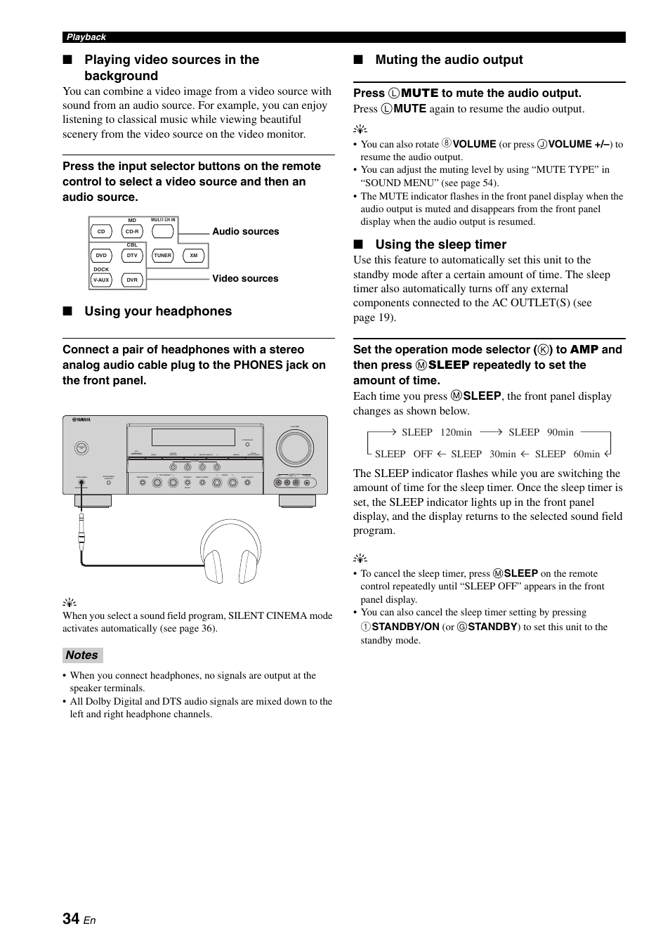P. 34, Playing video sources in the background, Using your headphones | Muting the audio output, Using the sleep timer | Yamaha RX-V461 User Manual | Page 38 / 93