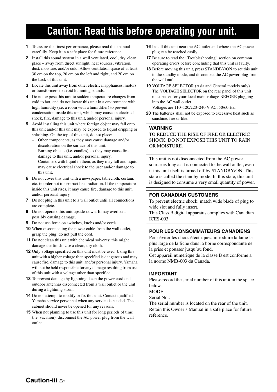 Caution: read this before operating your unit, Caution-iii | Yamaha RX-V461 User Manual | Page 4 / 93