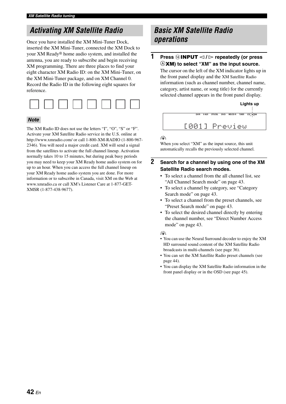 Activating xm satellite radio, Basic xm satellite radio operations, 001] preview | Yamaha RX-V461 User Manual | Page 46 / 93