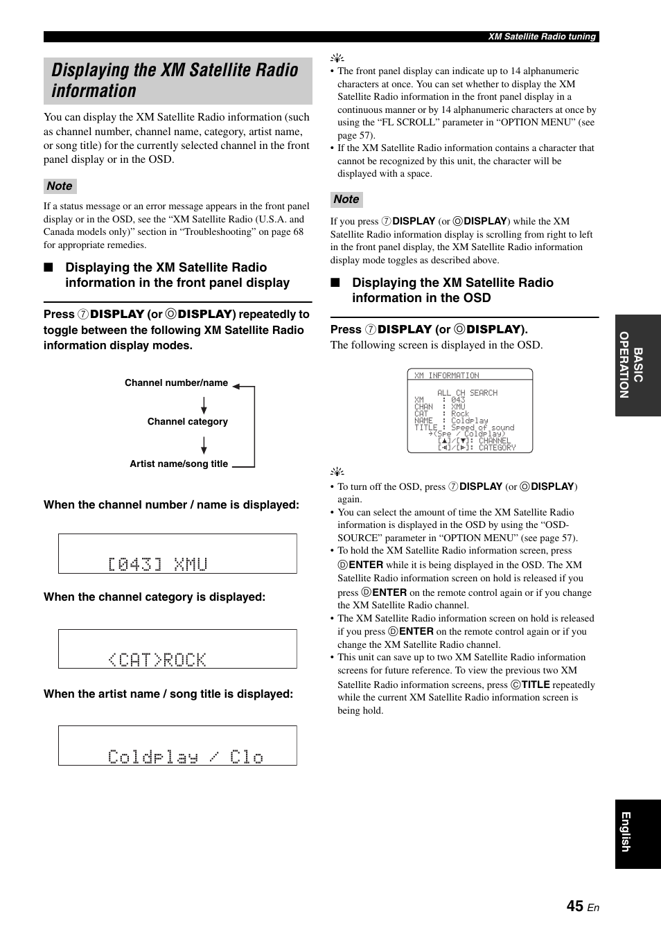 Displaying the xm satellite radio information, Cat>rock coldplay / clo, 043] xmu | Yamaha RX-V461 User Manual | Page 49 / 93