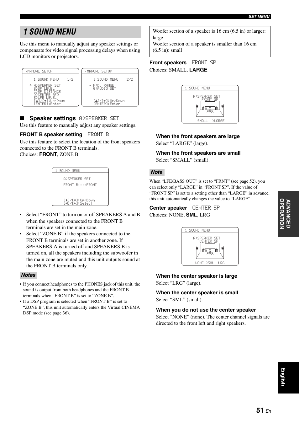 1 sound menu, Nu” (see, Speaker settings | Yamaha RX-V461 User Manual | Page 55 / 93