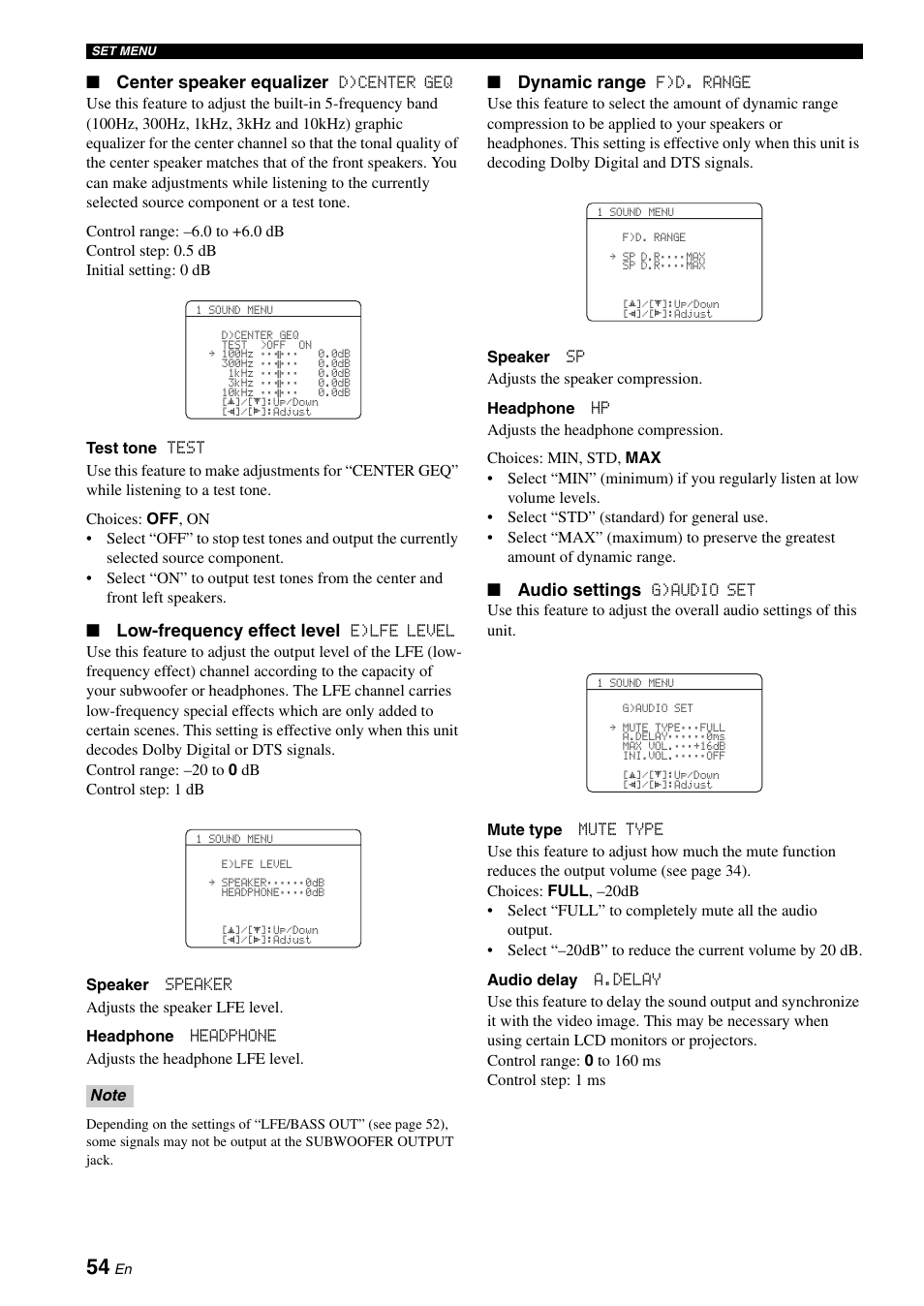Center speaker equalizer, Low-frequency effect level, Dynamic range | Audio settings | Yamaha RX-V461 User Manual | Page 58 / 93