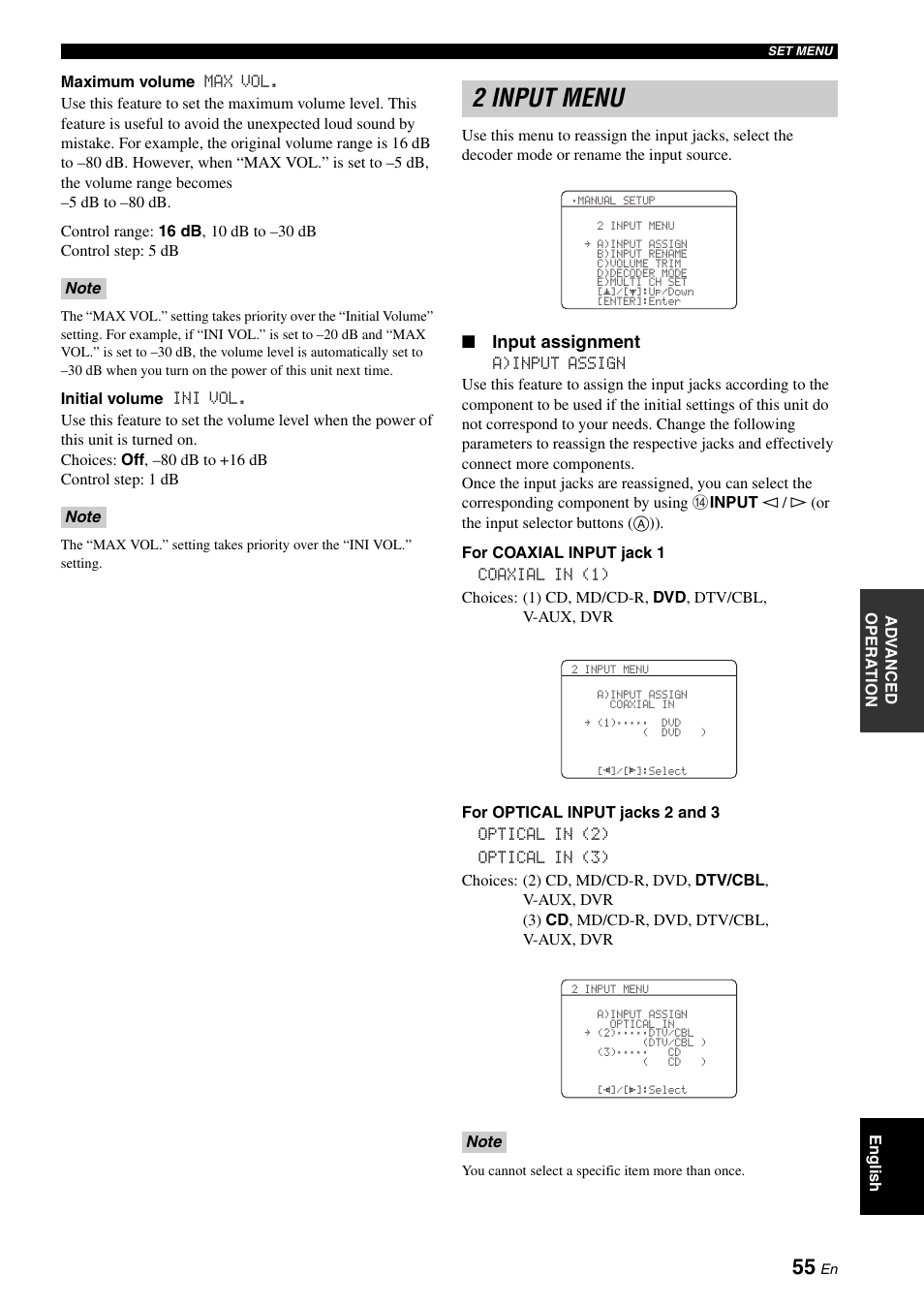 2 input menu, Input assignment | Yamaha RX-V461 User Manual | Page 59 / 93