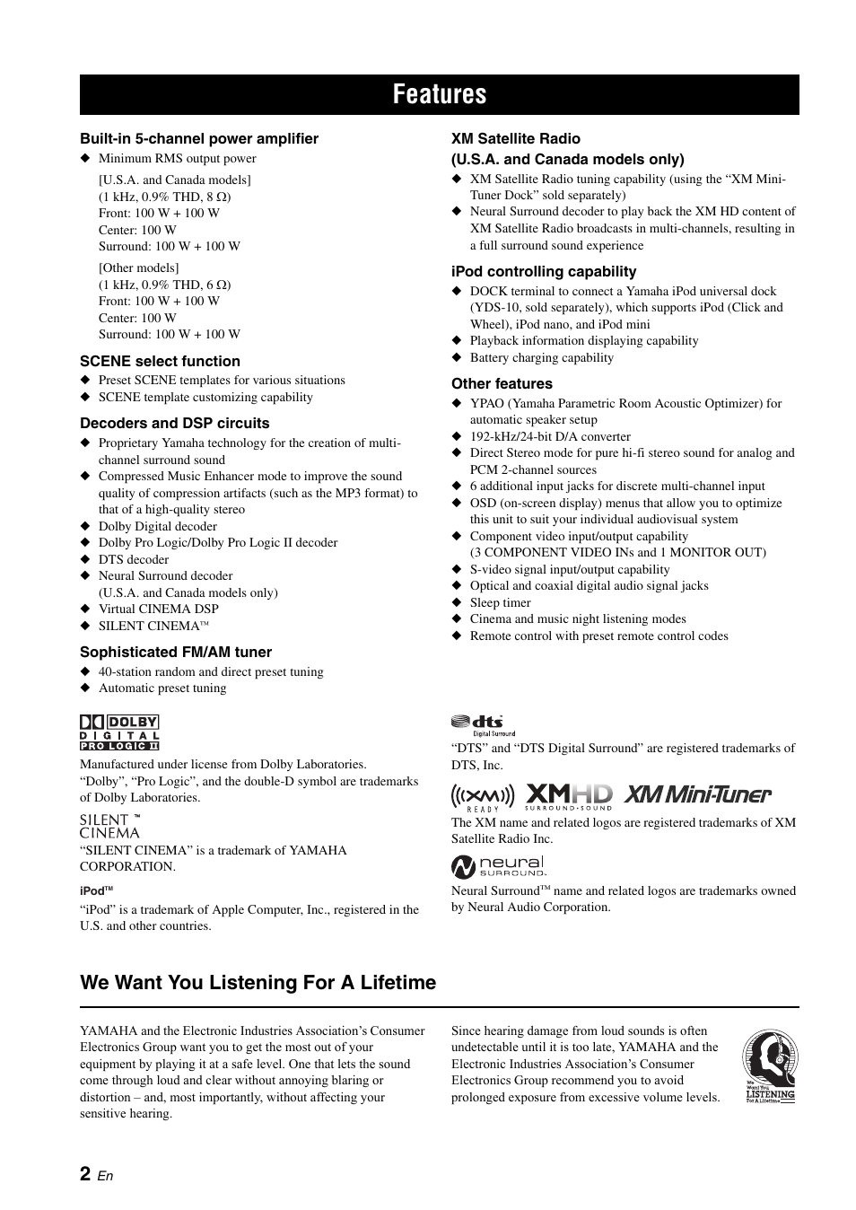 Introduction, Features, We want you listening for a lifetime | Yamaha RX-V461 User Manual | Page 6 / 93