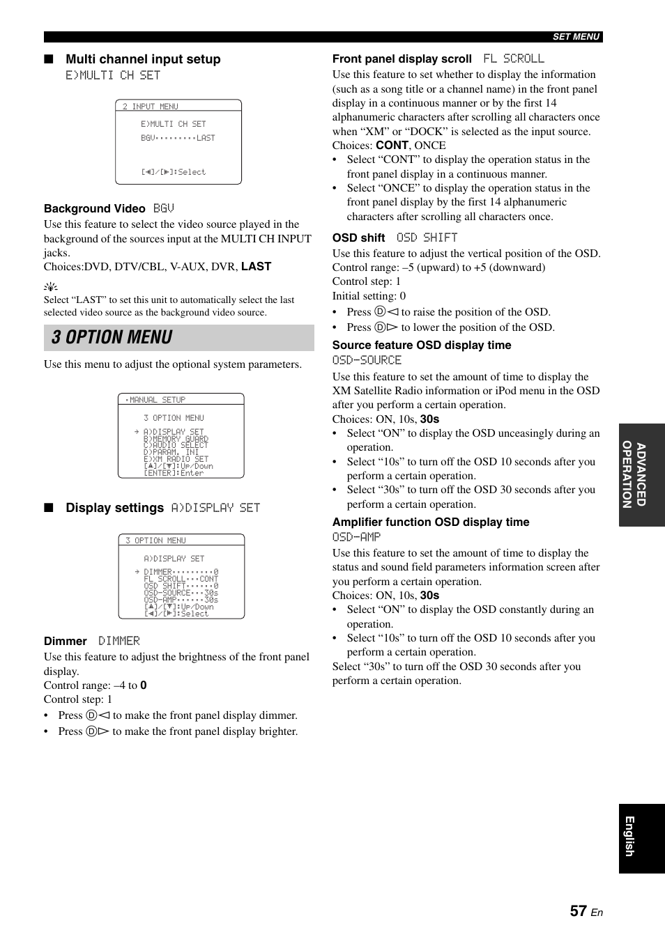 3 option menu, Multi channel input setup, Display settings | Yamaha RX-V461 User Manual | Page 61 / 93