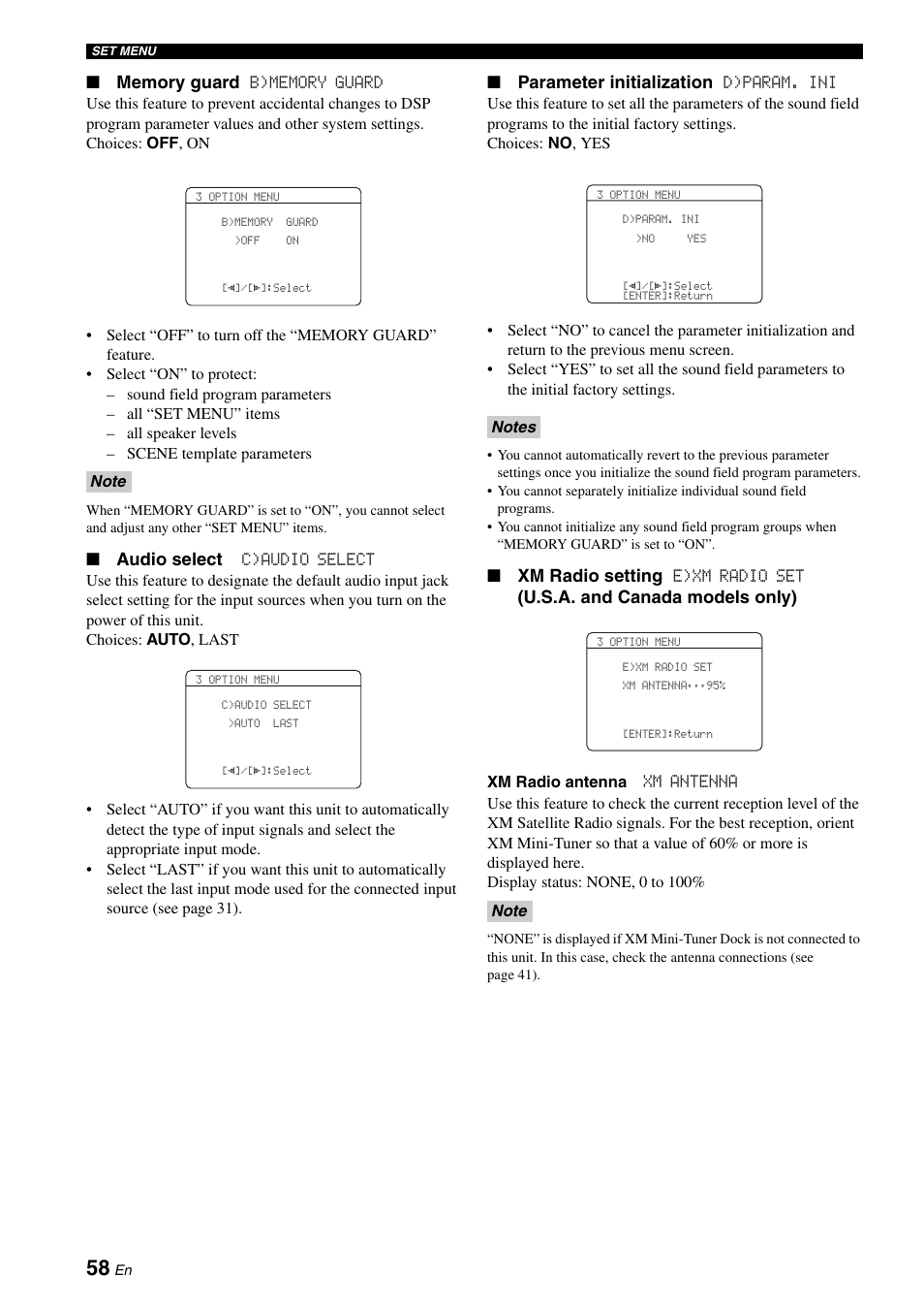 Audio select, Parameter initialization, Xm radio setting | U.s.a. and canada models only) | Yamaha RX-V461 User Manual | Page 62 / 93