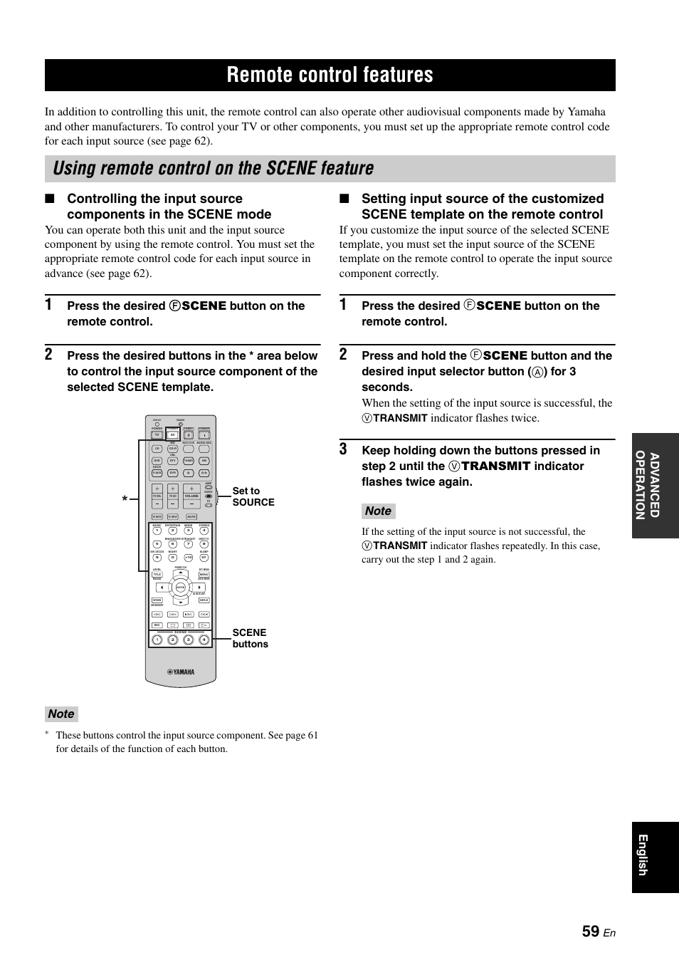 Remote control features, Using remote control on the scene feature, P. 59 | Indicator flashes twice, V transmit, Set to source scene buttons | Yamaha RX-V461 User Manual | Page 63 / 93