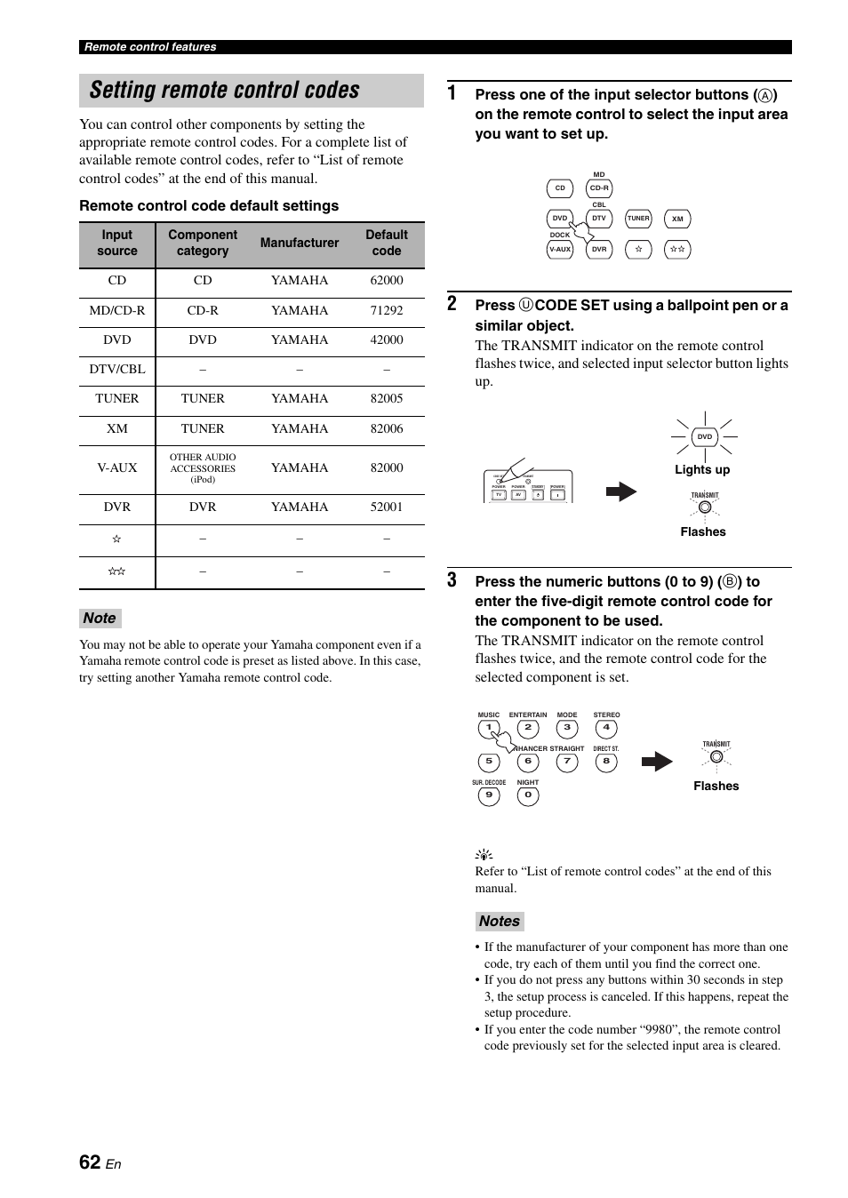 Setting remote control codes | Yamaha RX-V461 User Manual | Page 66 / 93