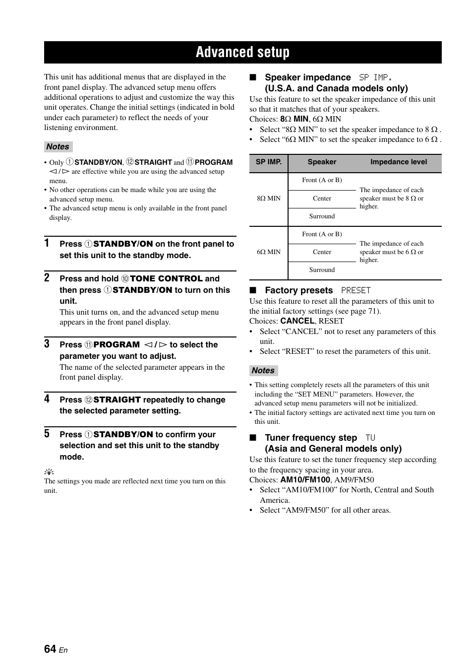 Advanced setup, P. 64 | Yamaha RX-V461 User Manual | Page 68 / 93