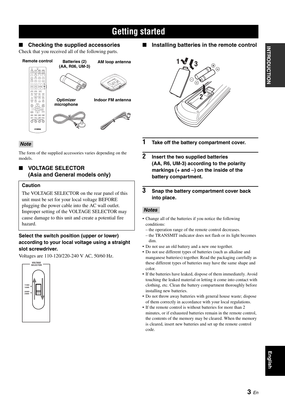 Getting started, Checking the supplied accessories, Voltage selector (asia and general models only) | Installing batteries in the remote control, English intr oduction, Check that you received all of the following parts, Take off the battery compartment cover, Snap the battery compartment cover back into place, Enter, Transmit code set | Yamaha RX-V461 User Manual | Page 7 / 93