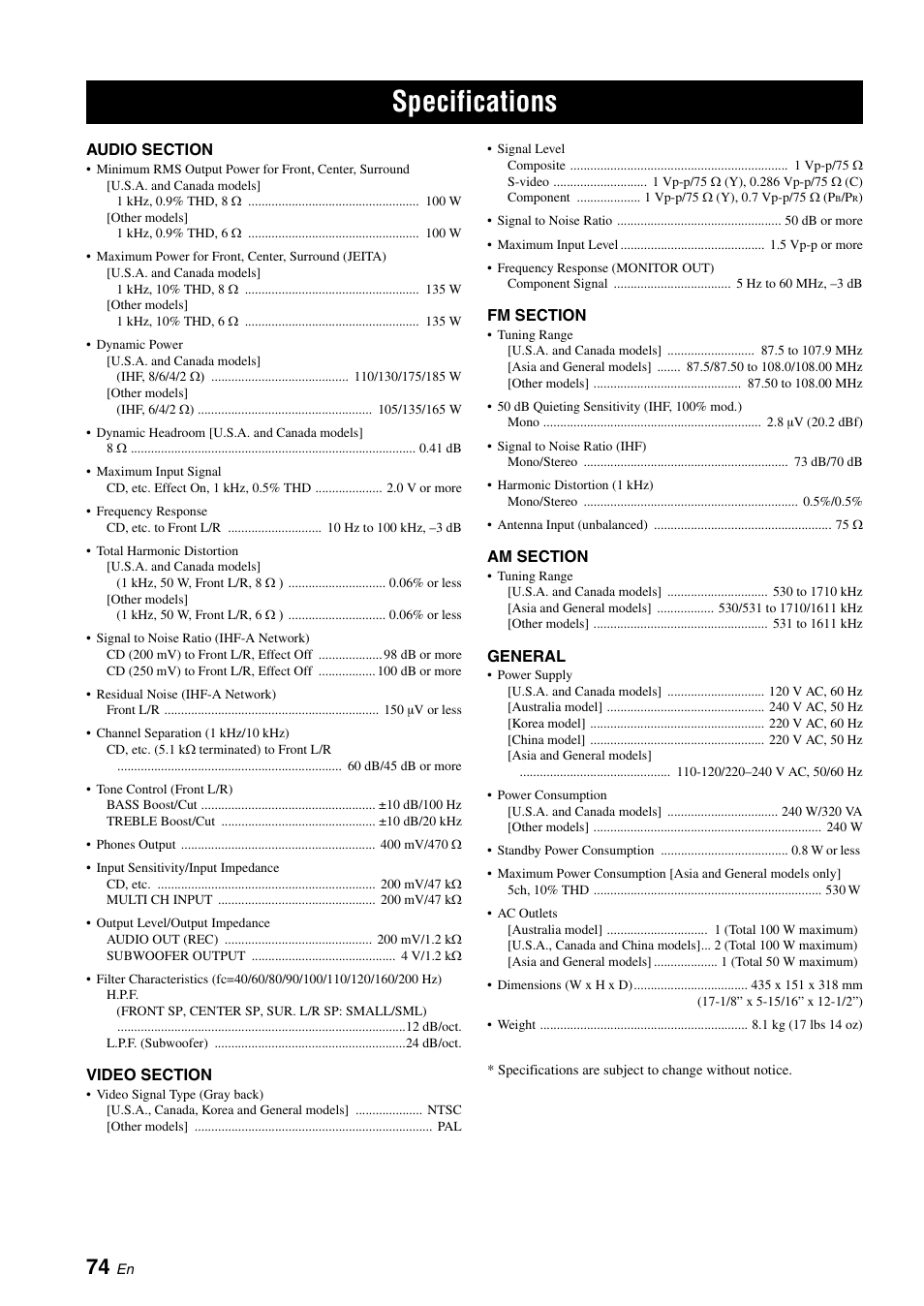 Specifications | Yamaha RX-V461 User Manual | Page 78 / 93