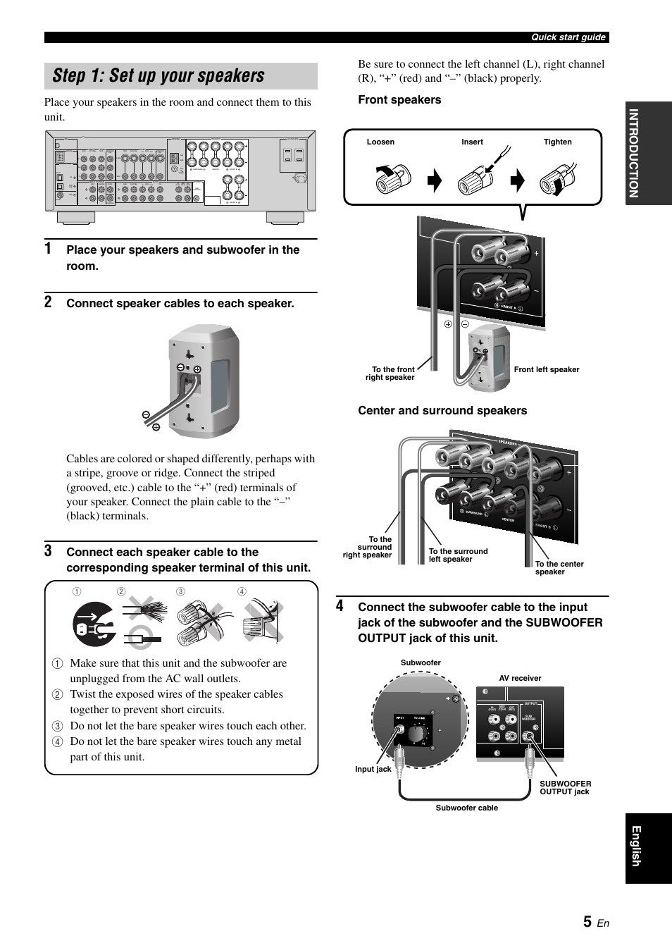 Step 1: set up your speakers, P. 5, Place your speakers and subwoofer in the room | Quick start guide | Yamaha RX-V461 User Manual | Page 9 / 93