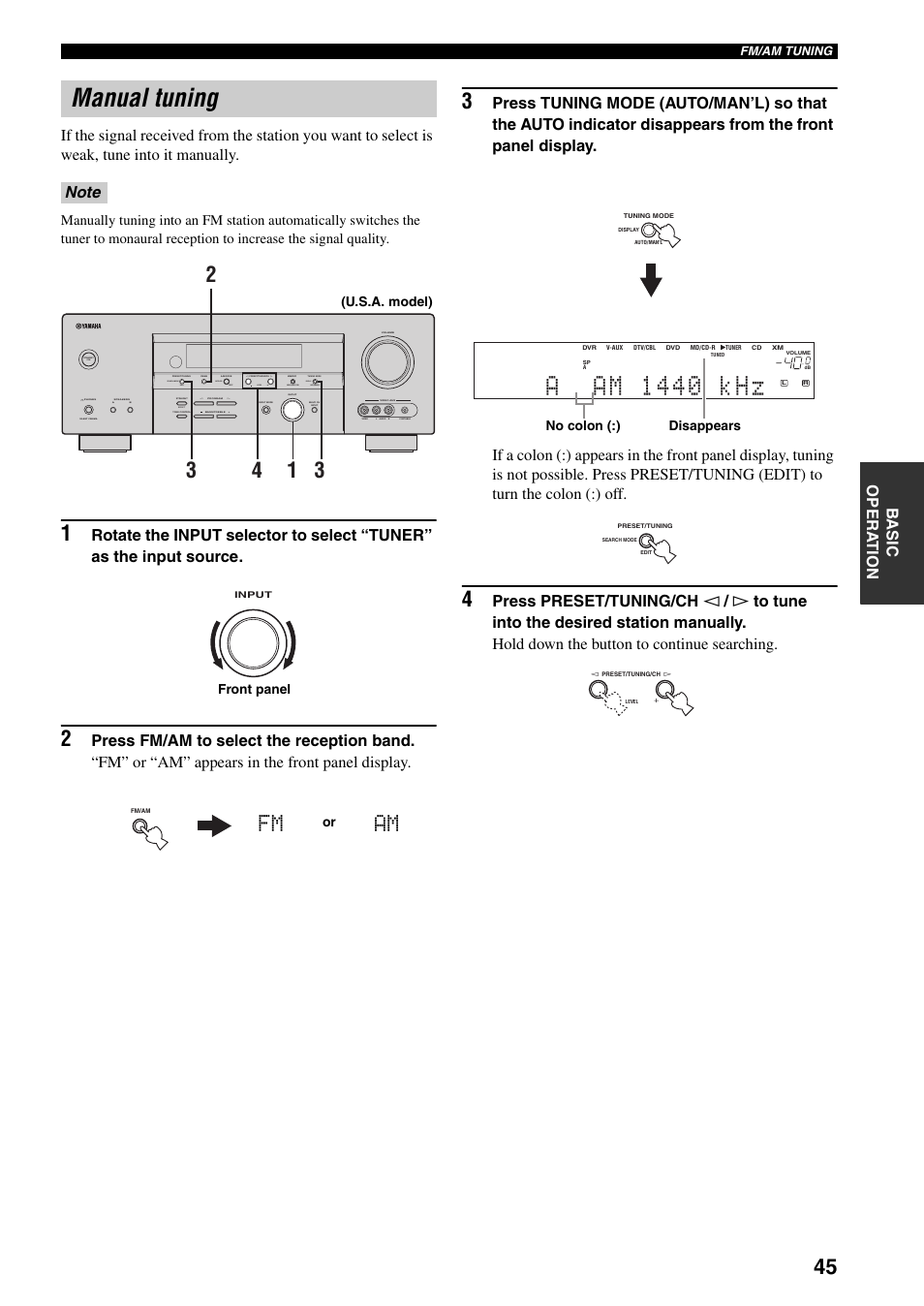 Manual tuning, Aam 1440 khz, Am fm | Auto/man'l man'l/auto fm level next edit effect, Search mode display category | Yamaha HTR-5940 User Manual | Page 49 / 131