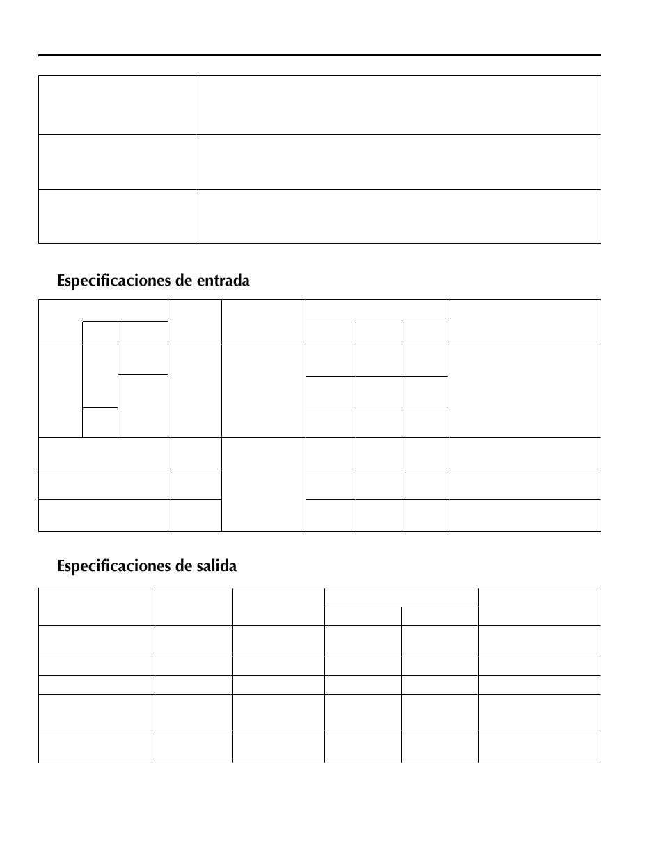 Especificaciones de entrada, Especificaciones de salida | Yamaha MX200-16 User Manual | Page 54 / 57