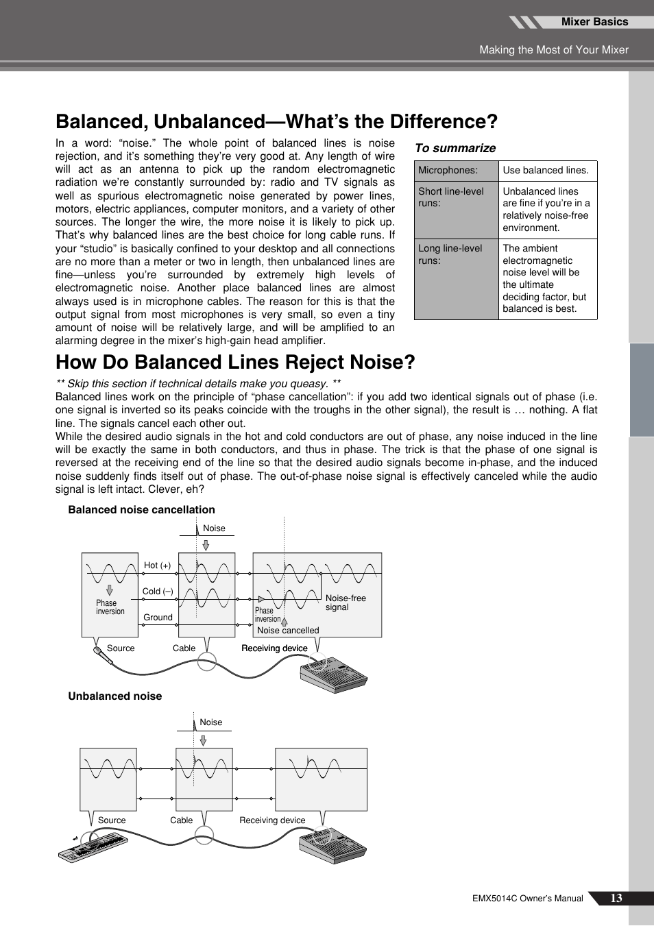 Balanced, unbalanced—what’s the difference, How do balanced lines reject noise | Yamaha EM5014C User Manual | Page 13 / 37