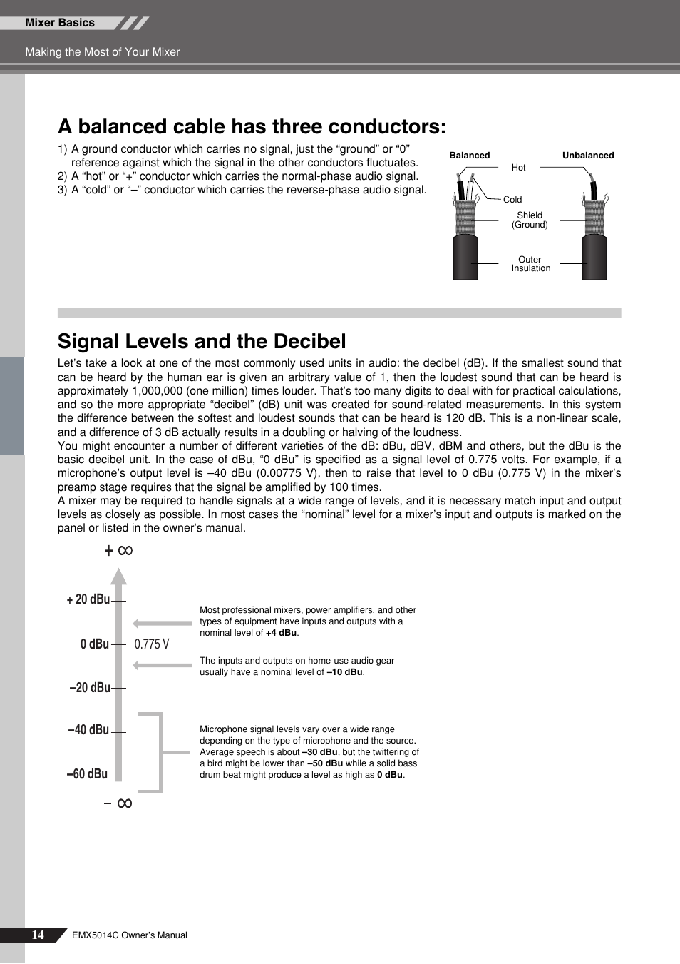 A balanced cable has three conductors, Signal levels and the decibel | Yamaha EM5014C User Manual | Page 14 / 37