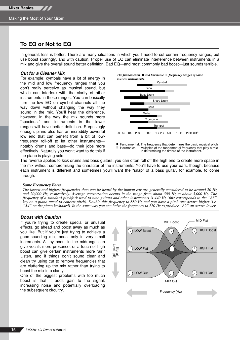 To eq or not to eq, Cut for a cleaner mix, Boost with caution | Yamaha EM5014C User Manual | Page 16 / 37