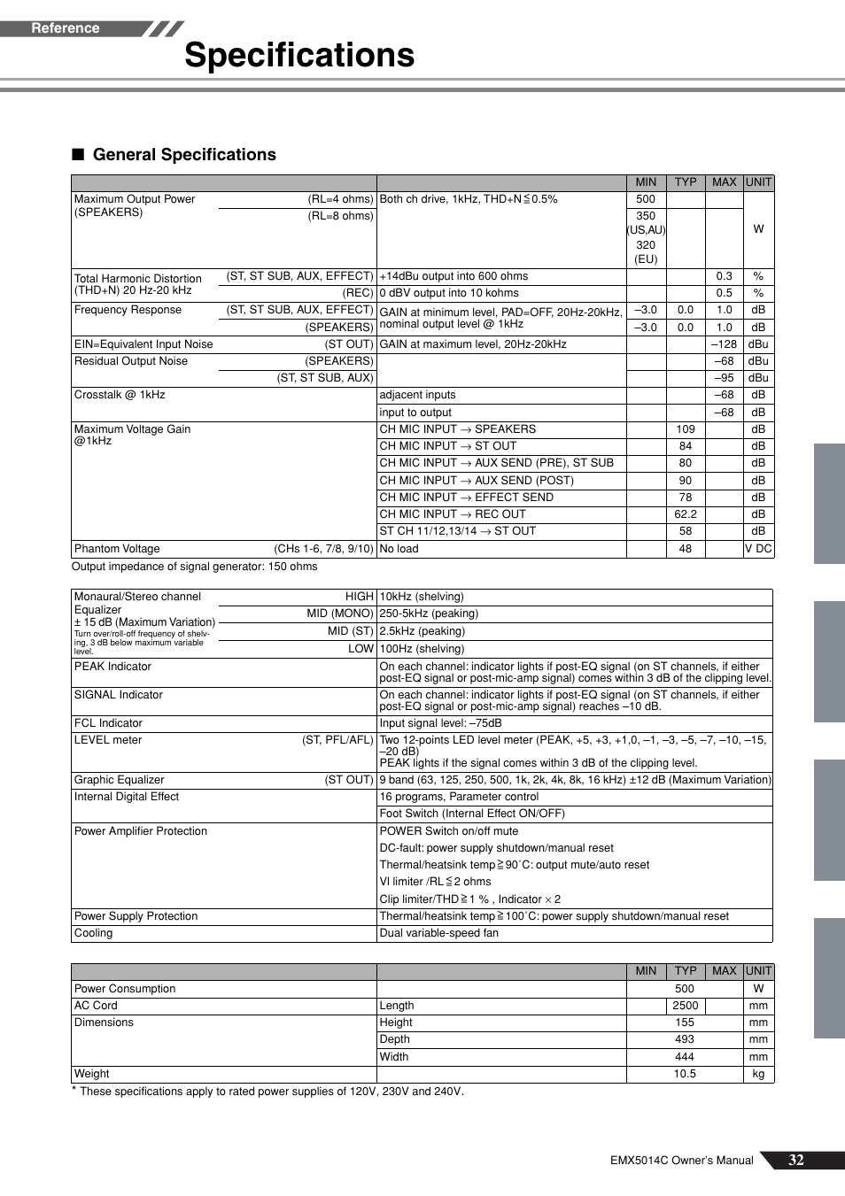 Specifications, General specifications, Reference | Yamaha EM5014C User Manual | Page 32 / 37