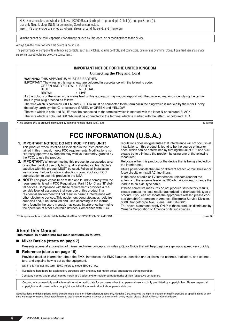 Fcc information (u.s.a.), About this manual | Yamaha EM5014C User Manual | Page 4 / 37