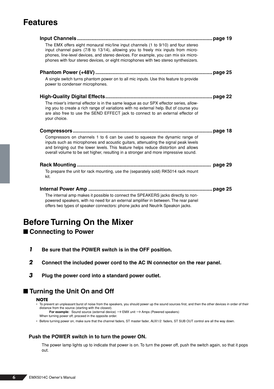 Features, Before turning on the mixer, Connecting to power | Turning the unit on and off | Yamaha EM5014C User Manual | Page 6 / 37