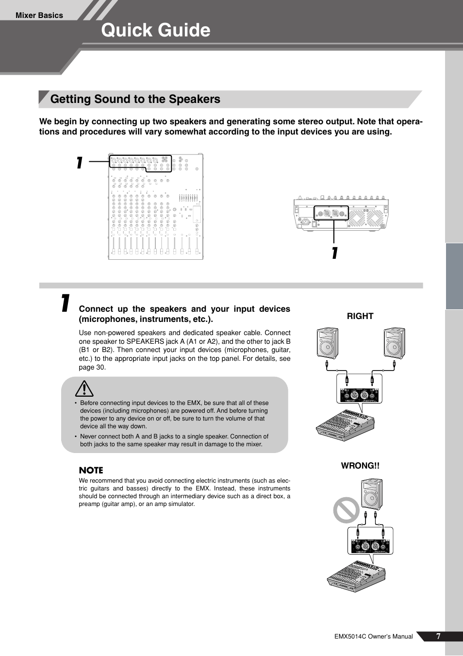 Quick guide, Getting sound to the speakers | Yamaha EM5014C User Manual | Page 7 / 37