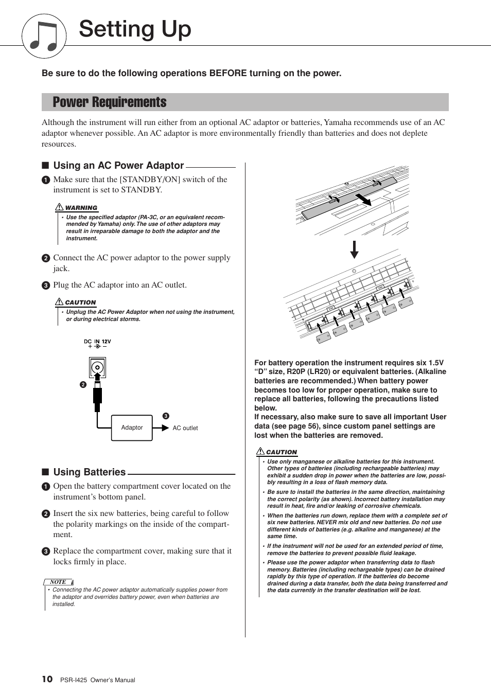 Setting up, Power requirements, Using an ac power adaptor | Using batteries | Yamaha PortaTone PSR-I425 User Manual | Page 10 / 128