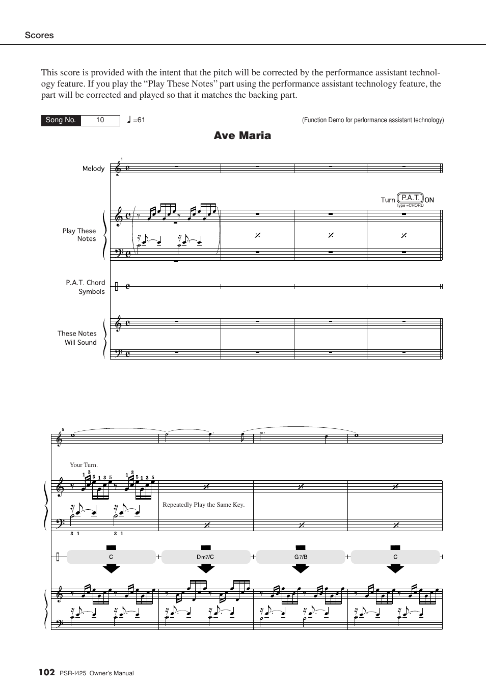 Ave maria | Yamaha PortaTone PSR-I425 User Manual | Page 102 / 128