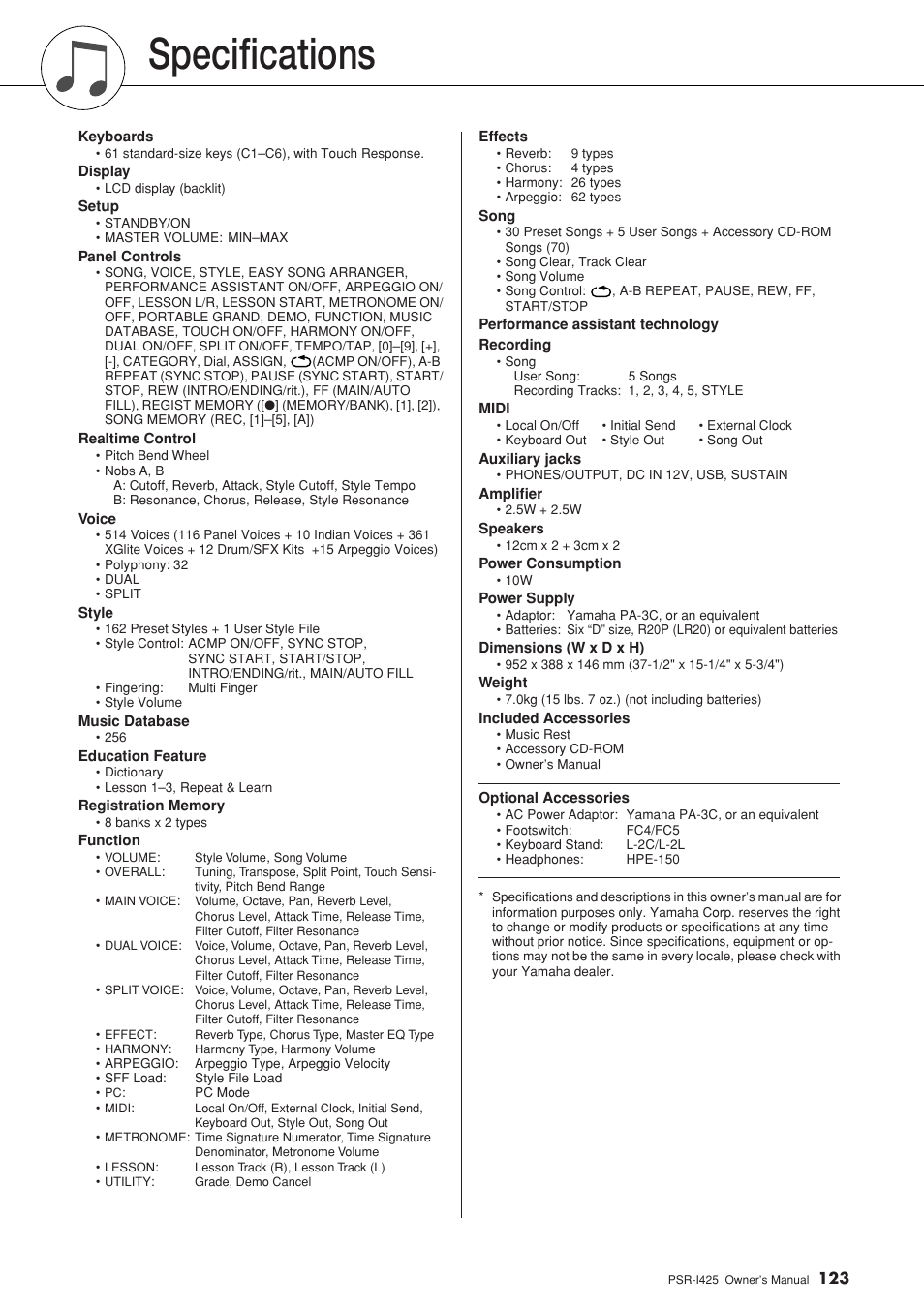 Specifications | Yamaha PortaTone PSR-I425 User Manual | Page 123 / 128
