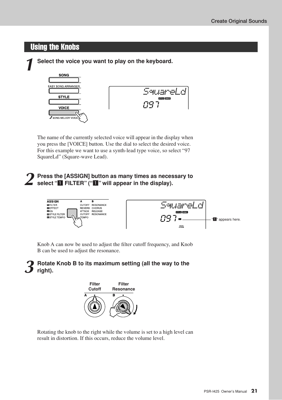 Using the knobs, Squareld, Using the knobs 097 | Yamaha PortaTone PSR-I425 User Manual | Page 21 / 128