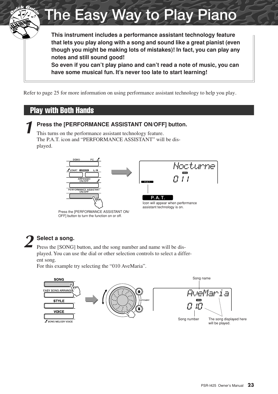 The easy way to play piano, Play with both hands, Nocturne | Avemaria | Yamaha PortaTone PSR-I425 User Manual | Page 23 / 128