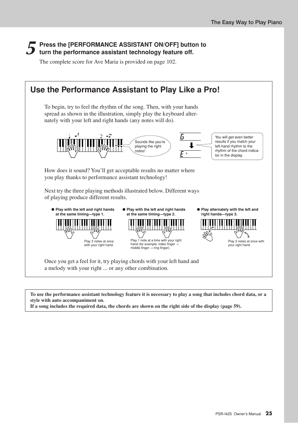 Use the performance assistant to play like a pro | Yamaha PortaTone PSR-I425 User Manual | Page 25 / 128