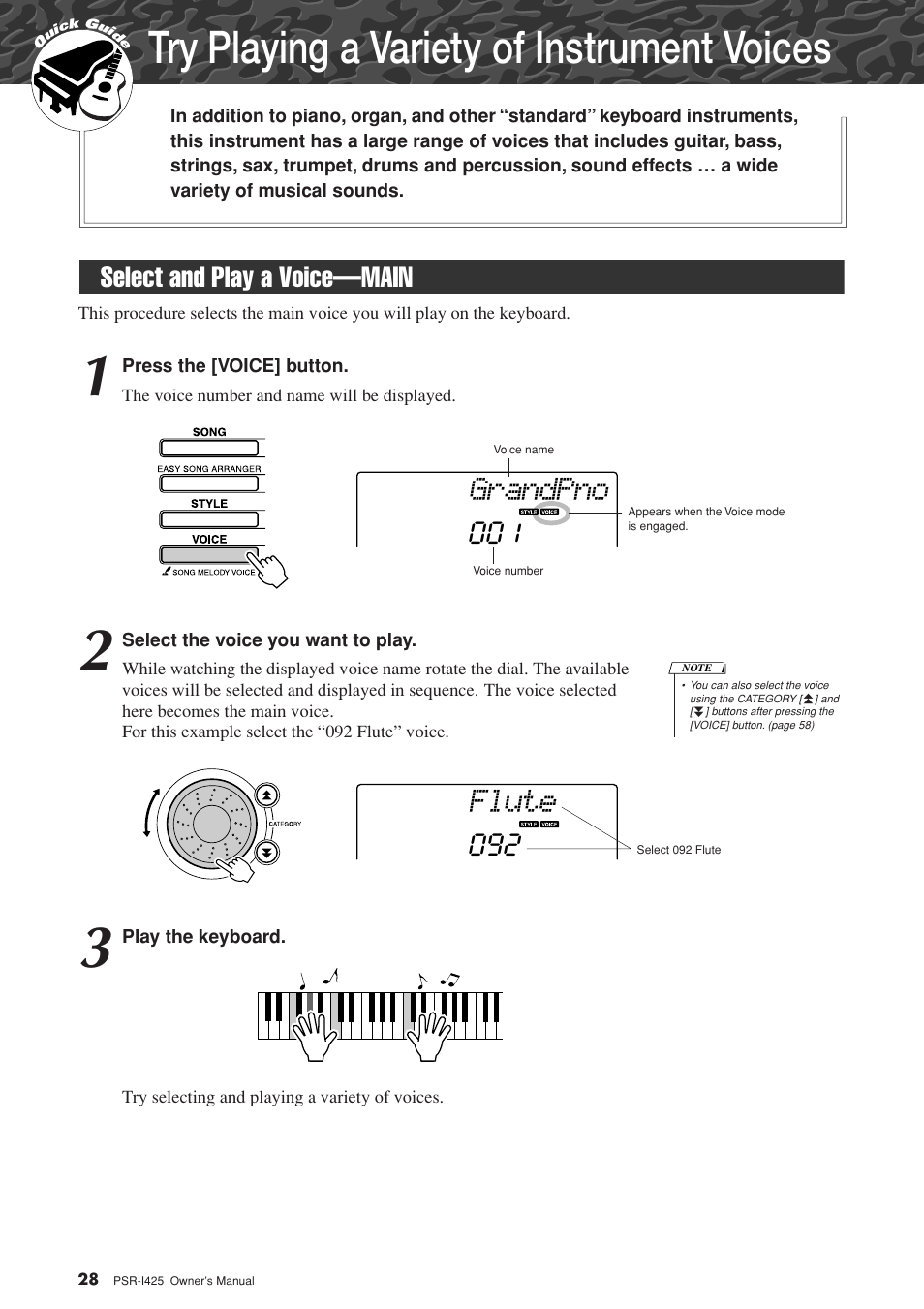 Try playing a variety of instrument voices, Select and play a voice-main, Select and play a voice—main | Grandpno, Flute, Select and play a voice—main 001 | Yamaha PortaTone PSR-I425 User Manual | Page 28 / 128