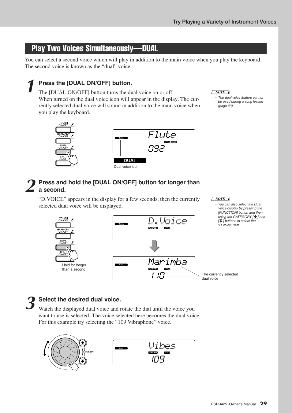 Play two voices simultaneously-dual, Play two voices simultaneously—dual, Flute | D.voice, Marimba, Vibes | Yamaha PortaTone PSR-I425 User Manual | Page 29 / 128