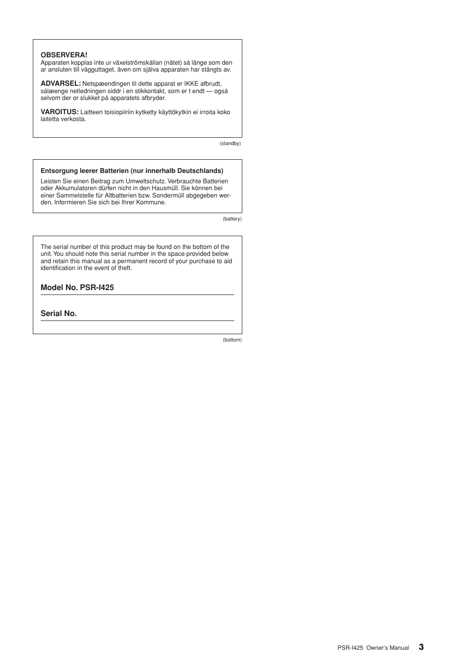 Yamaha PortaTone PSR-I425 User Manual | Page 3 / 128