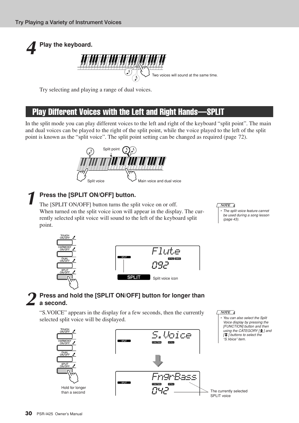 Split, Flute, Fngrbass s.voice | Yamaha PortaTone PSR-I425 User Manual | Page 30 / 128