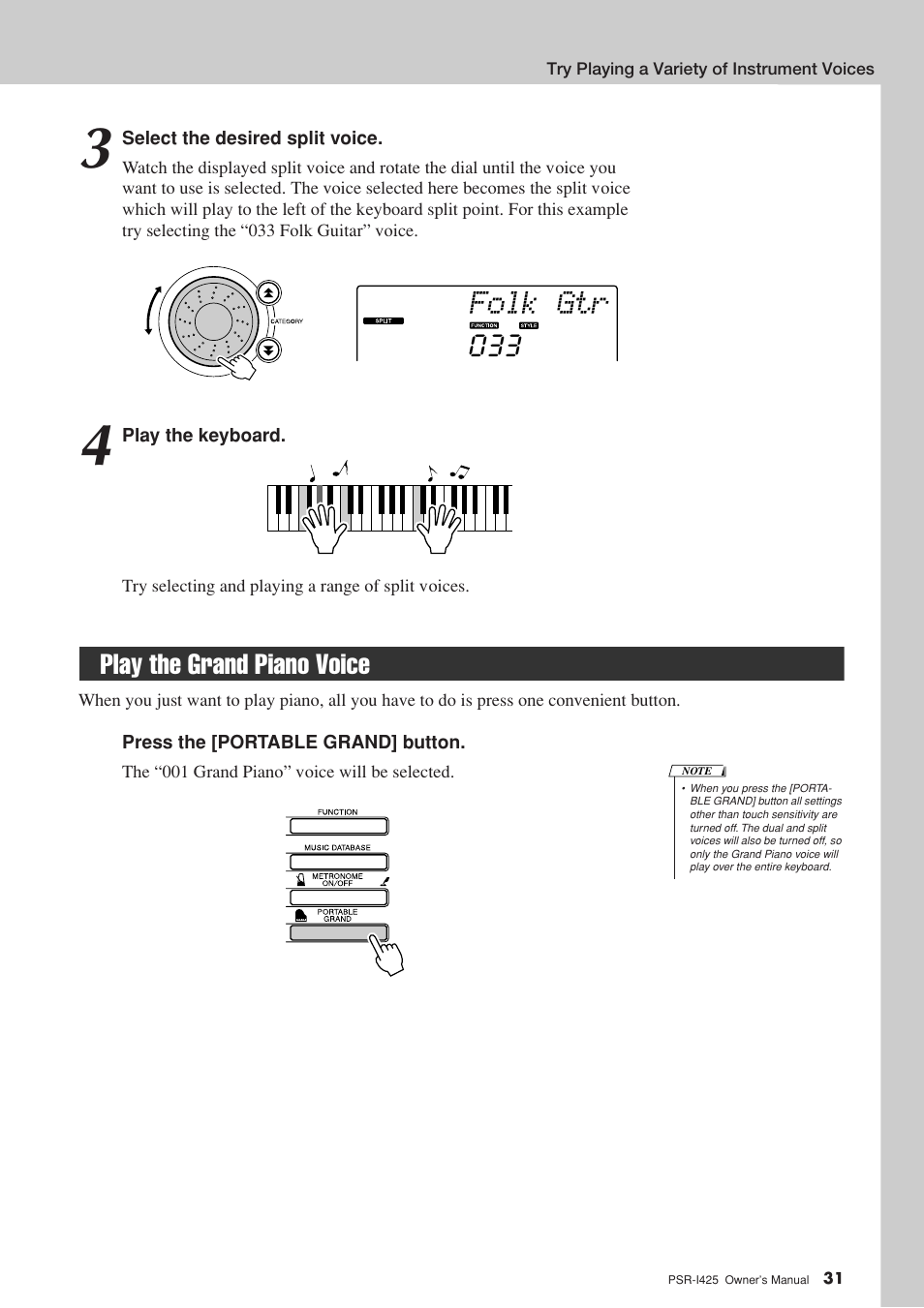 Play the grand piano voice, Folk gtr | Yamaha PortaTone PSR-I425 User Manual | Page 31 / 128