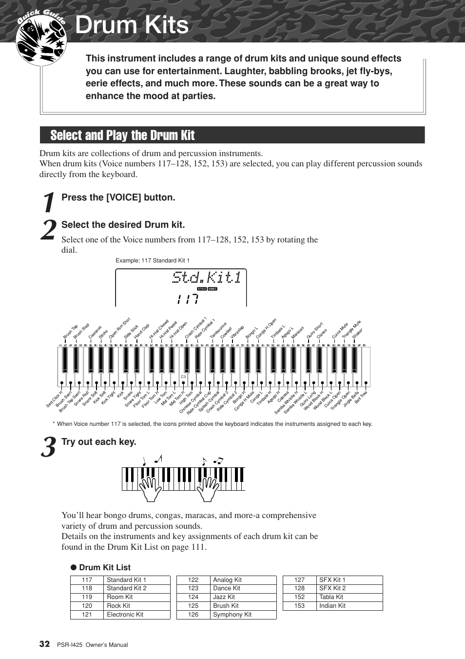 Drum kits, Select and play the drum kit, Std.kit1 | Select and play the drum kit 117, Press the [voice] button, Select the desired drum kit, Try out each key, Drum kit list | Yamaha PortaTone PSR-I425 User Manual | Page 32 / 128