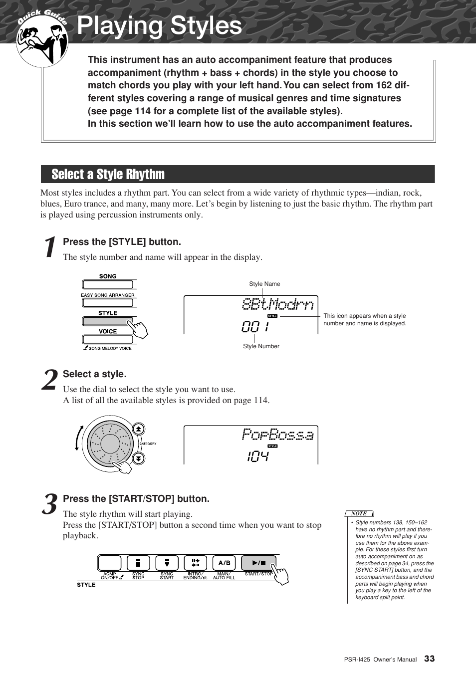 Playing styles, Select a style rhythm, 8btmodrn | Popbossa, Select a style rhythm 001 | Yamaha PortaTone PSR-I425 User Manual | Page 33 / 128