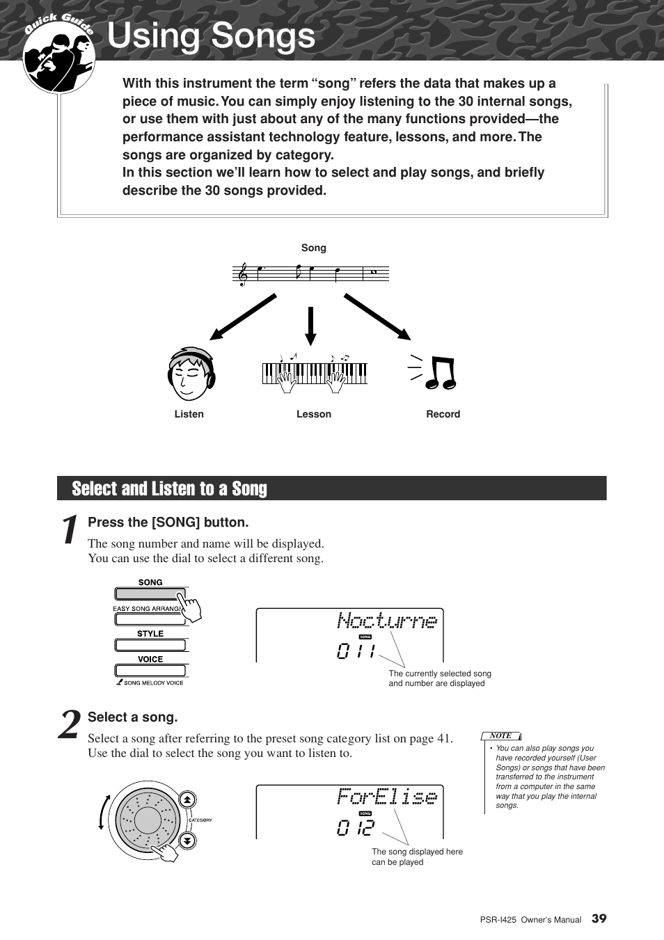 Using songs, Select and listen to a song, Nocturne | Forelise, Select and listen to a song 011 | Yamaha PortaTone PSR-I425 User Manual | Page 39 / 128