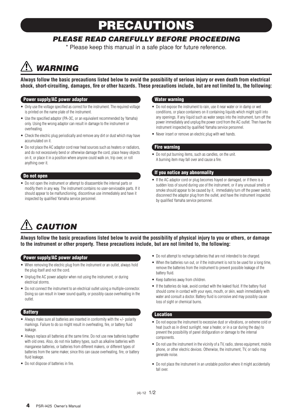 Precautions, Warning, Caution | Please read carefully before proceeding | Yamaha PortaTone PSR-I425 User Manual | Page 4 / 128