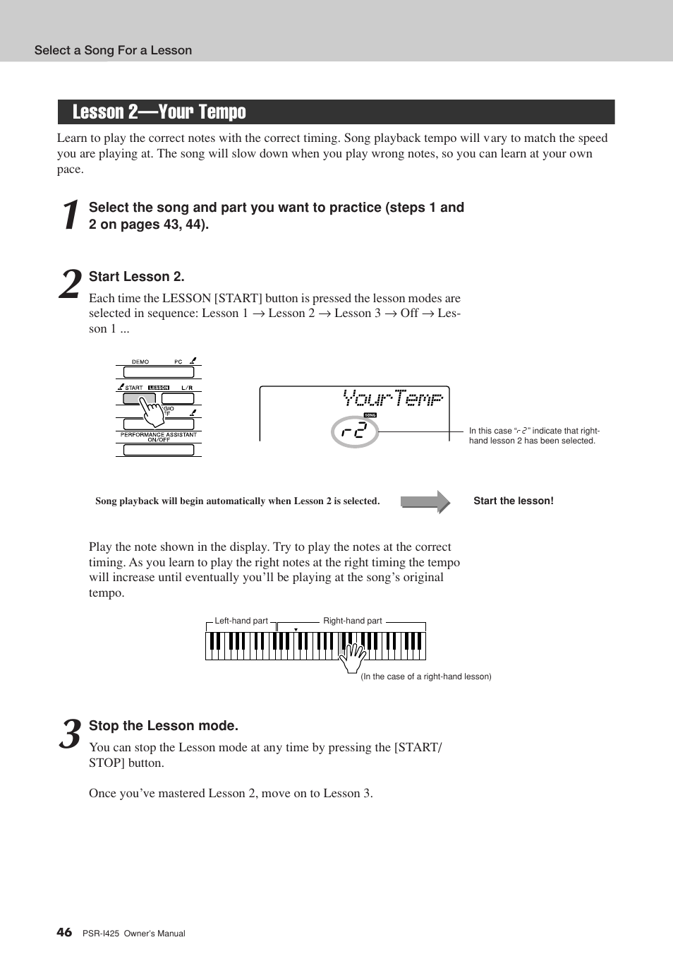 Lesson 2-your tempo, Lesson 2—your tempo, Yourtemp | Lesson 2—your tempo r2 | Yamaha PortaTone PSR-I425 User Manual | Page 46 / 128