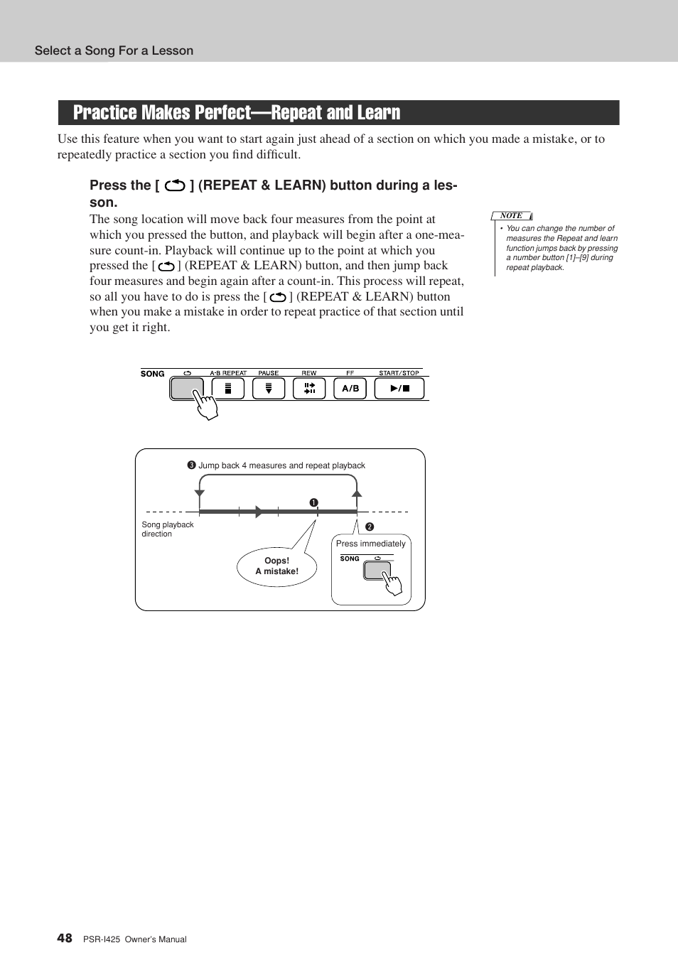 Practice makes perfect-repeat and learn, Practice makes perfect—repeat and learn | Yamaha PortaTone PSR-I425 User Manual | Page 48 / 128