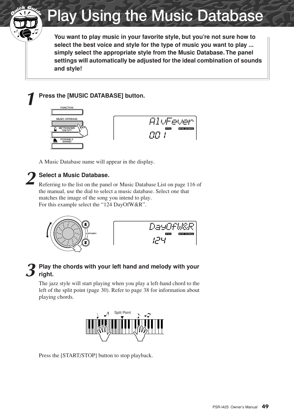 Play using the music database, Alvfever, Dayofw&r | Yamaha PortaTone PSR-I425 User Manual | Page 49 / 128