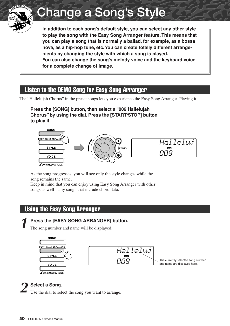 Change a song's style, Listen to the demo song for easy song arranger, Using the easy song arranger | Change a song’s style, Halleluj, Listen to the demo song for easy song arranger 009, Using the easy song arranger 009 | Yamaha PortaTone PSR-I425 User Manual | Page 50 / 128