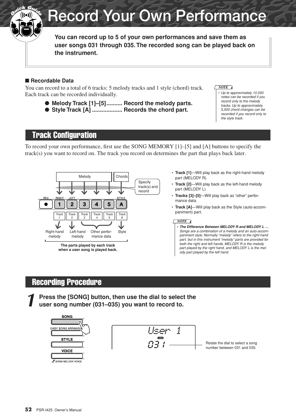 Record your own performance, Track configuration, Recording procedure | Track configuration recording procedure, User 1, Recording procedure 031 | Yamaha PortaTone PSR-I425 User Manual | Page 52 / 128
