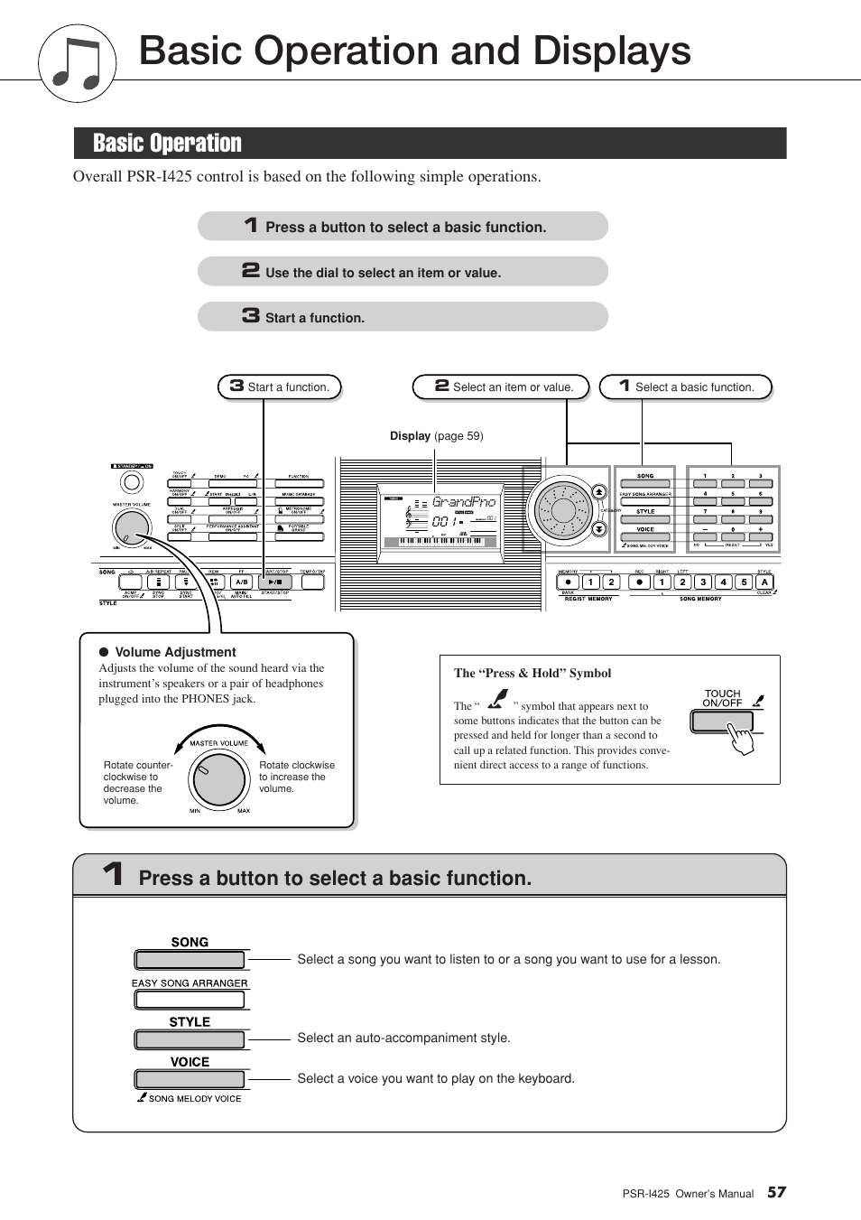 Basic operation and displays, Basic operation, Press a button to select a basic function | Yamaha PortaTone PSR-I425 User Manual | Page 57 / 128