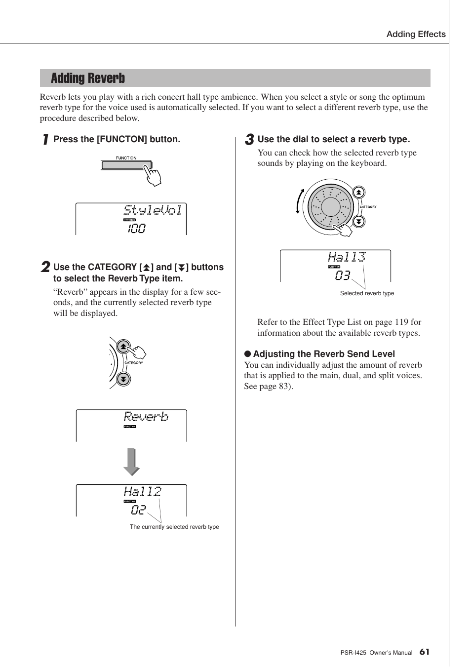 Adding reverb, Stylevol, Hall2 | Reverb, Hall3 | Yamaha PortaTone PSR-I425 User Manual | Page 61 / 128