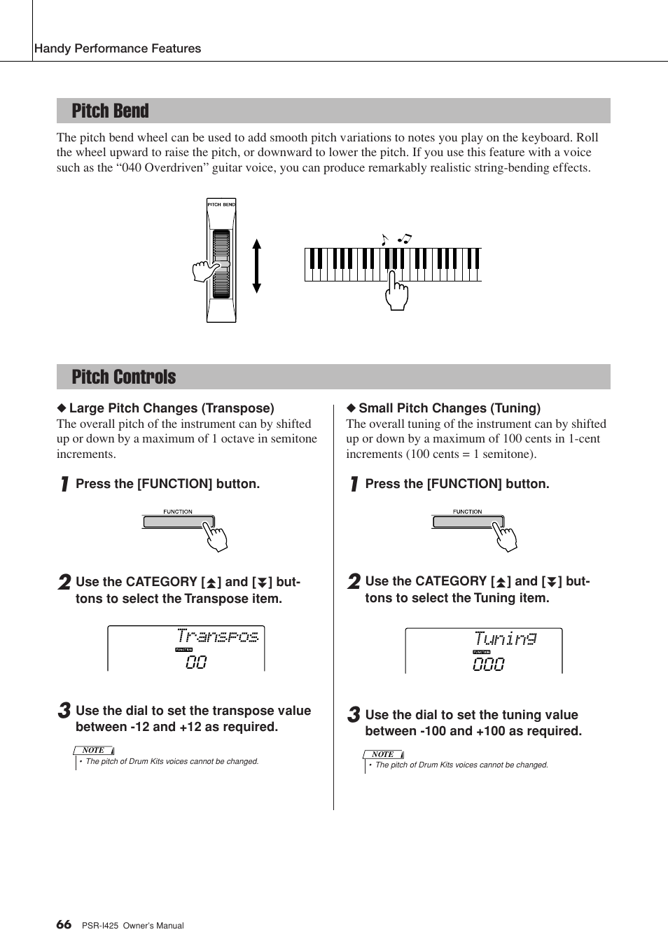 Pitch bend, Pitch controls, Pitch bend pitch controls | Transpos, Tuning | Yamaha PortaTone PSR-I425 User Manual | Page 66 / 128