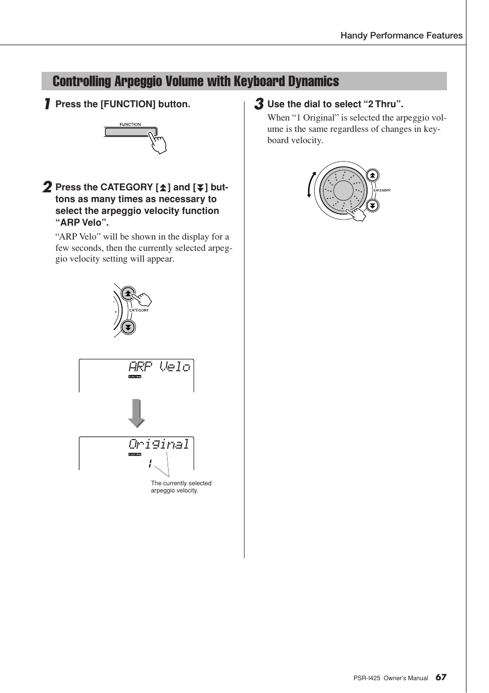 Controlling arpeggio volume with keyboard dynamics, Original, Arp velo | Yamaha PortaTone PSR-I425 User Manual | Page 67 / 128